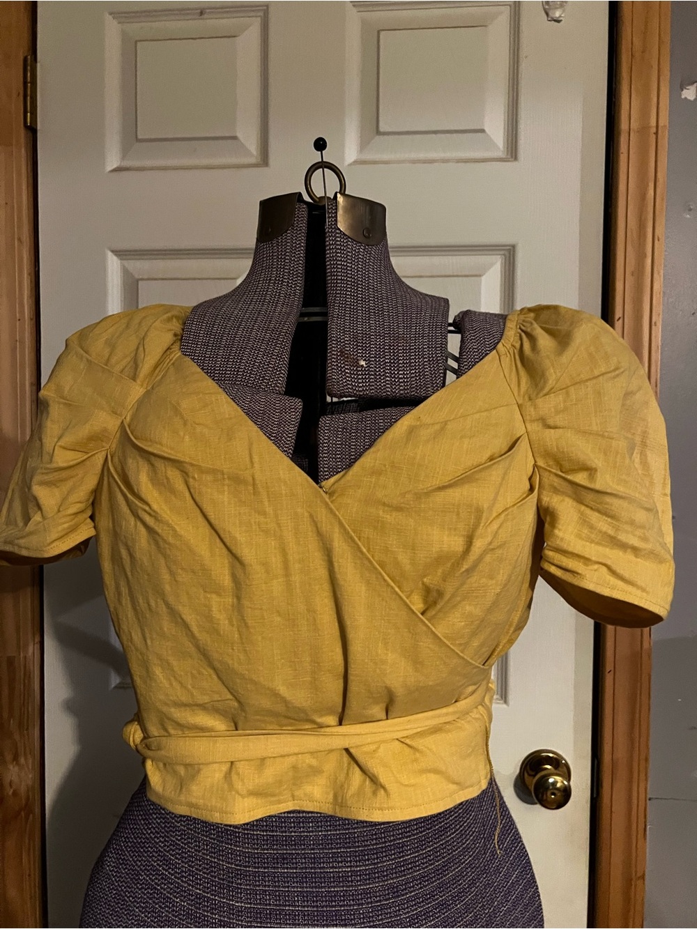 Sugar + Lips Yellow Wrap-Style Puff Sleeve Top - Women, size small